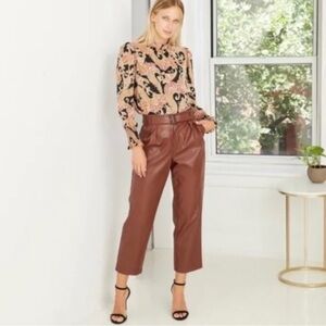 WHO WHAT WEAR ~ High-Rise Belted Pleated Faux Leather Pants ~Fired Brick ~Size 4